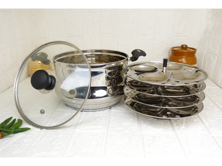 Idly Cooker - Steel - (Curve Body ) - 4 Plates - 16 Pits Pan . Sandwich Bottom .